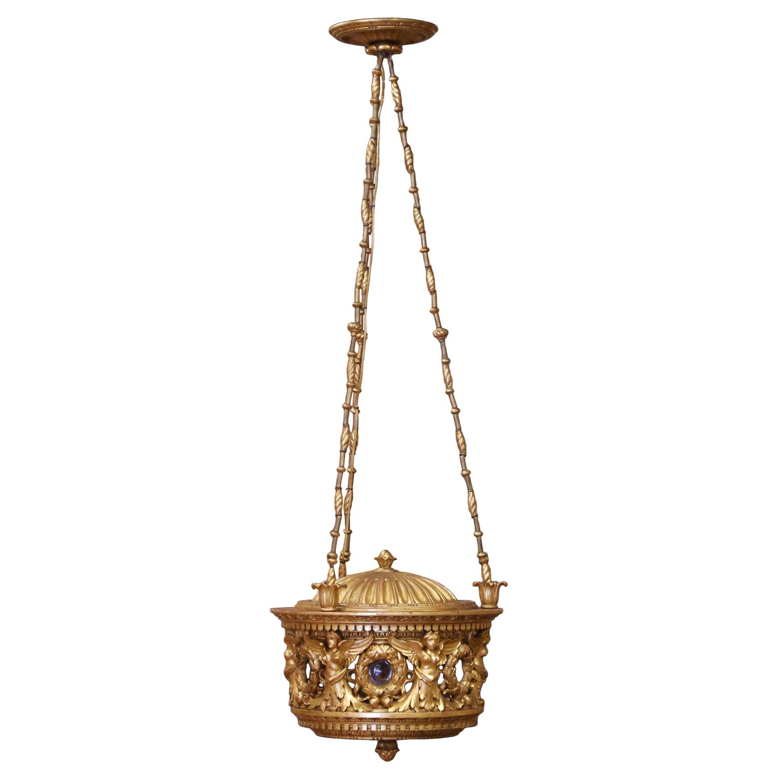 19th Century Italian Neoclassical Giltwood Chandelier with Figural Carvings: 19th Century Italian Neoclassical Giltwood Chandelier with Figural Carvings Crafted in Italy circa 1860, this stunning 19th Century giltwood chandelier exemplifies the elegance of the Neoclassical sty