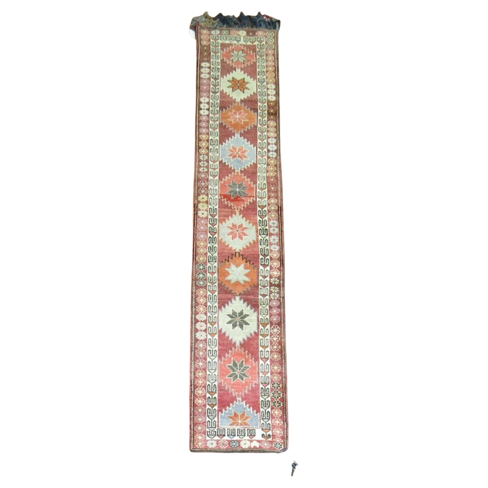 Hand-Woven Wool Turkish Anatolian Runner Geometric Floral: Hand-Woven Wool Turkish Anatolian Runner Geometric Floral This Turkish Anatolian runner, crafted in the mid-20th century, features a hand-woven wool construction with a geometric pattern inspired by G
