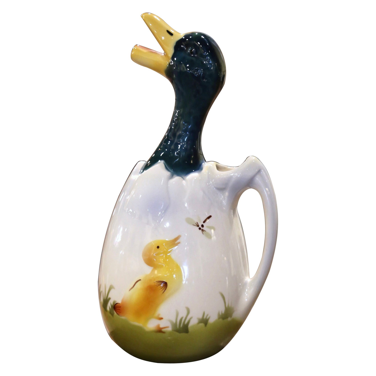 19th Century Saint Clement Duck Pitcher Hand-Painted Majolica: 19th Century Saint Clement Duck Pitcher Hand-Painted Majolica Introducing a stunning 19th Century French Saint Clement Barbotine Faience Olive Oil Duck Pitcher, a remarkable example of hand-crafted an