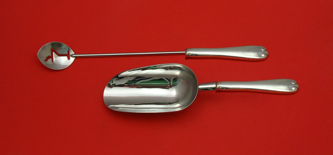 Tiffany & Co. Flemish Sterling Silver Bar Set 2pc Martini Spoon Ice Scoop: Tiffany & Co. Flemish Sterling Silver Bar Set 2pc Martini Spoon Ice Scoop Elevate your barware collection with this exquisite 2-piece bar set by Tiffany & Co., crafted in their iconic Flemish style. T