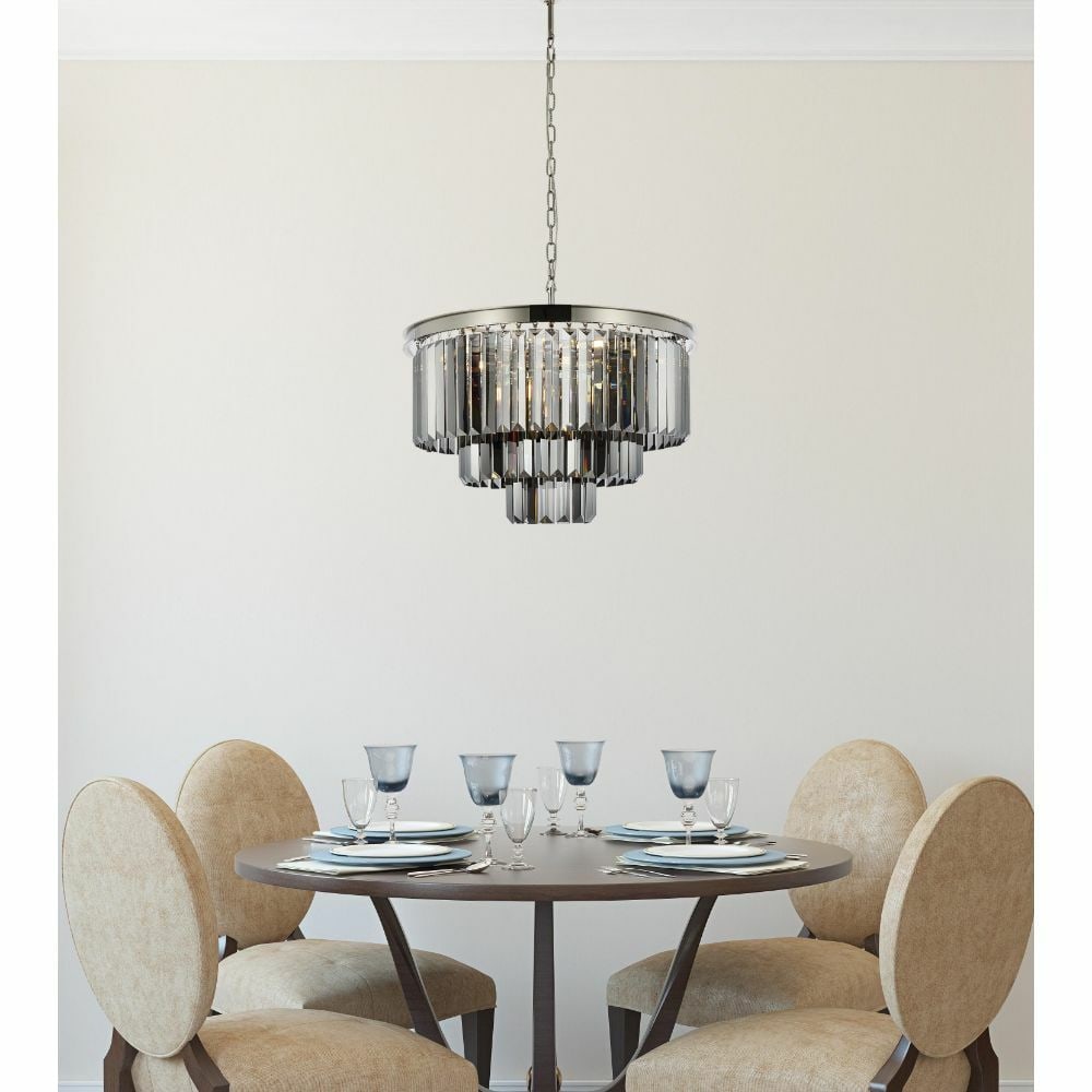 Sydney 9-Light Crystal Chandelier Polished Nickel 26 Inch: Sydney 9-Light Crystal Chandelier Polished Nickel 26 Inch This modern crystal chandelier features nine lights and a polished nickel frame, creating a sophisticated centerpiece for dining rooms, kitche
