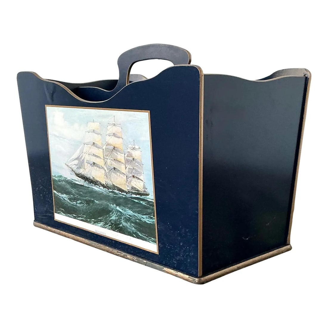 Navy Lacquer Regency Magazine Holder with Nautical Clipper Ship Design (1 of 10)