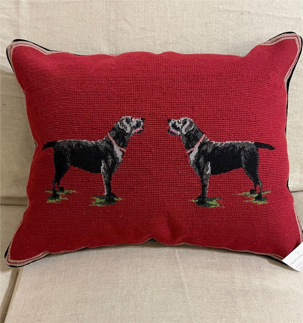 Handmade Needlepoint Black Lab Pillow 16x20 Red Wool (1 of 1)