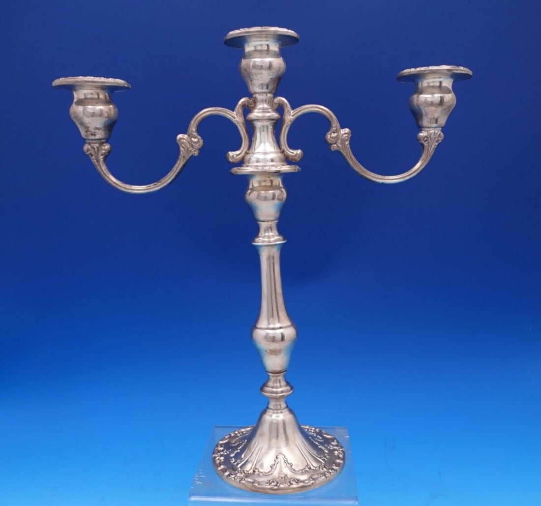 Gorham Chantilly Duchess Sterling Silver 3-Light Candelabra #750: Gorham Chantilly Duchess Sterling Silver 3-Light Candelabra #750 Introducing the Chantilly by Gorham Duchess Sterling Silver Candelabra, a stunning three-light centerpiece that embodies the elegance o