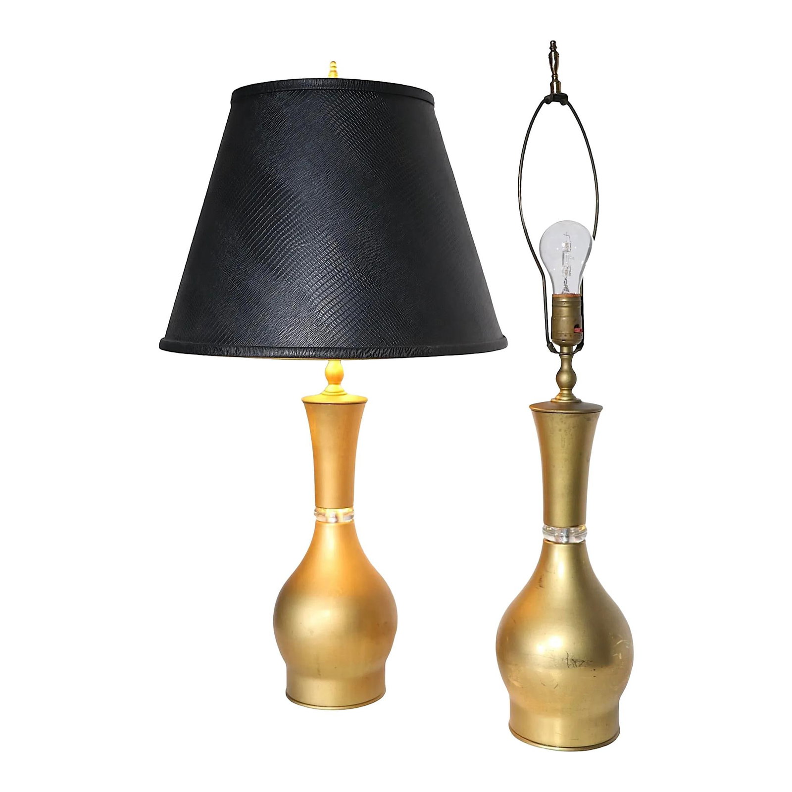 Chic Mid Century Hollywood Regency Brass Table Lamps Pair: Chic Mid Century Hollywood Regency Brass Table Lamps Pair Add a touch of elegance to your space with this chic decorative pair of Mid Century Hollywood Regency bottle form table lamps. Featuring a uni