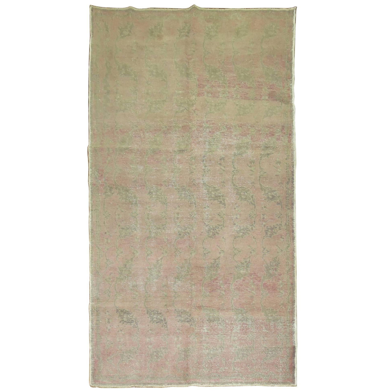 Vintage Turkish Anatolian Wool Hand Woven Blush Pink Rug 65 x 111 in: Vintage Turkish Anatolian Wool Hand Woven Blush Pink Rug 65 x 111 in This vintage Turkish Anatolian rug features a predominant blush pink tone, offering a charming shabby chic aesthetic. Hand-woven fr