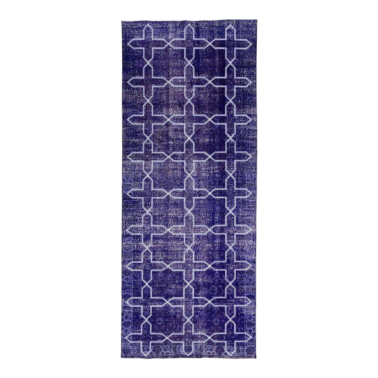 Modern Blue Wool Gallery Rug with Geometric Design 4'9 x 12': Modern Blue Wool Gallery Rug with Geometric Design 4'9 x 12' Enhance your space with this stunning Turkish handmade wool rug, featuring a captivating blue distressed look. The modern design showcases 