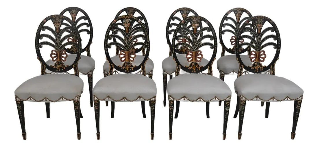 Eight Black Lacquered Hand Painted Dining Chairs in Hepplewhite Style Set of 8: Eight Black Lacquered Hand Painted Dining Chairs in Hepplewhite Style Set of 8 This set includes eight Hepplewhite style dining chairs featuring hand-painted decoration on black lacquer wood frames. E