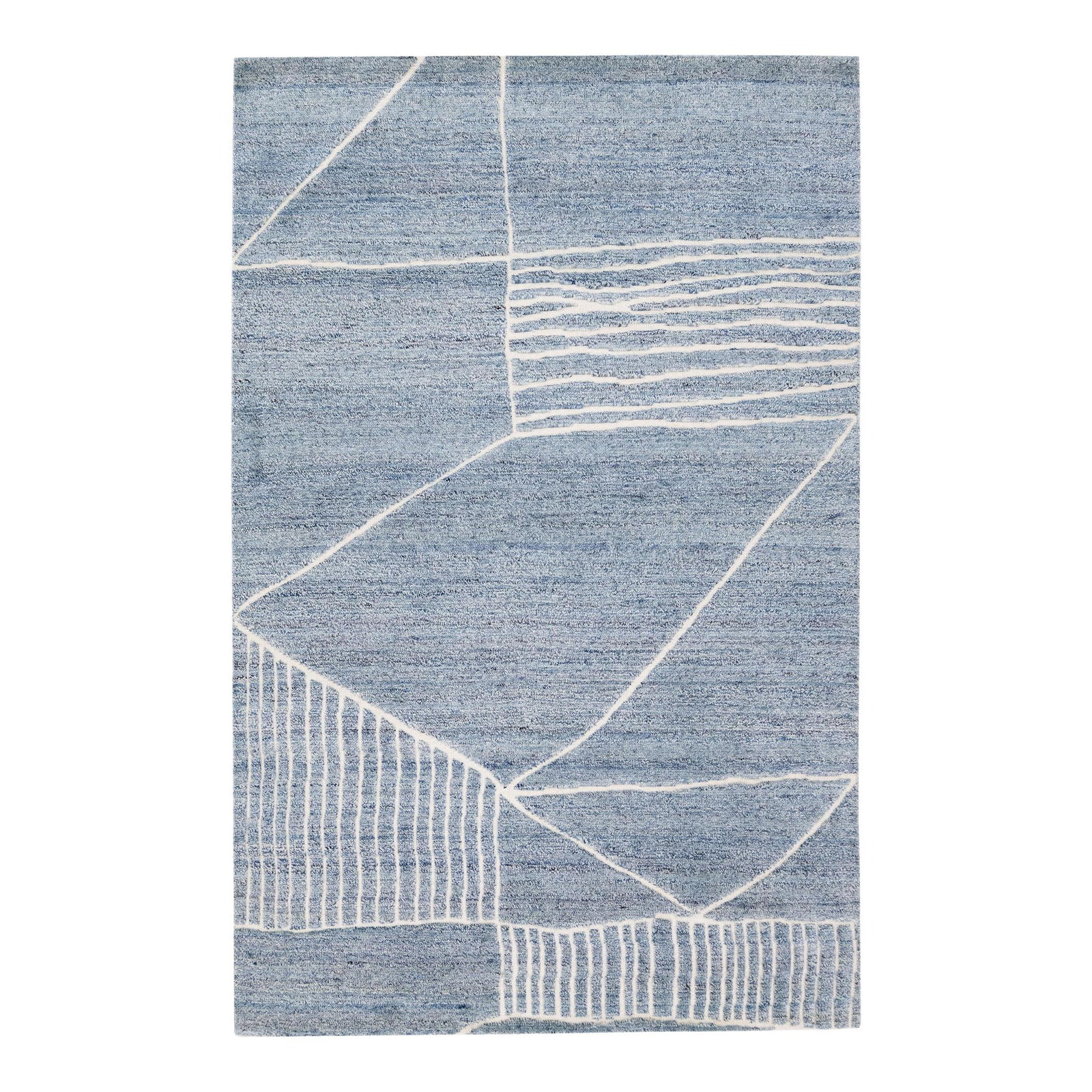 Modern Moroccan Blue Wool Rug 5'1 x 7'10 Geometric Design by Apadana: Modern Moroccan Blue Wool Rug 5'1 x 7'10 Geometric Design by Apadana Enhance your space with this exquisite modern Moroccan-style wool rug, hand-knotted and showcasing a beautiful light blue color fie