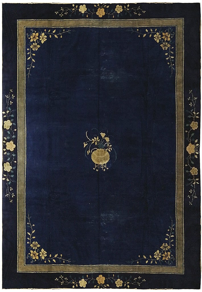 Hand-Knotted 1930s Beijing Area Rug 9.2 x 11.5 Blue Wool: Hand-Knotted 1930s Beijing Area Rug 9.2 x 11.5 Blue Wool Free continental US Shipping Discover the elegance of our hand-knotted Bejing Area Rug, a stunning piece from the 1930s. Measuring 9.2 feet in 