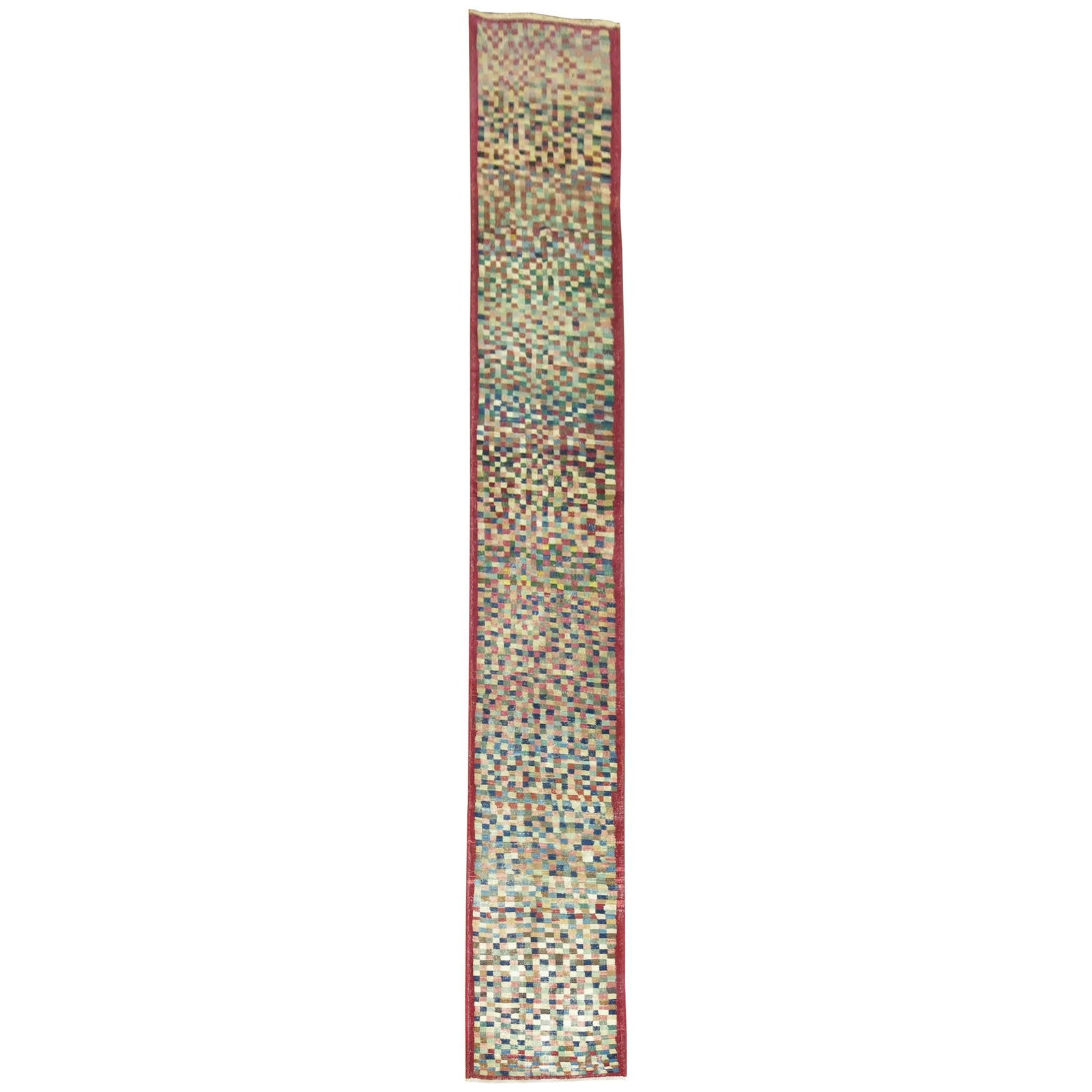 Rare Mid-20th Century Hand-Woven Turkish Deco Runner 27x186: Rare Mid-20th Century Hand-Woven Turkish Deco Runner 27x186 This exquisite vintage Turkish Deco runner showcases a rare long and narrow design, characterized by a distinctive all-over checkerboard pat