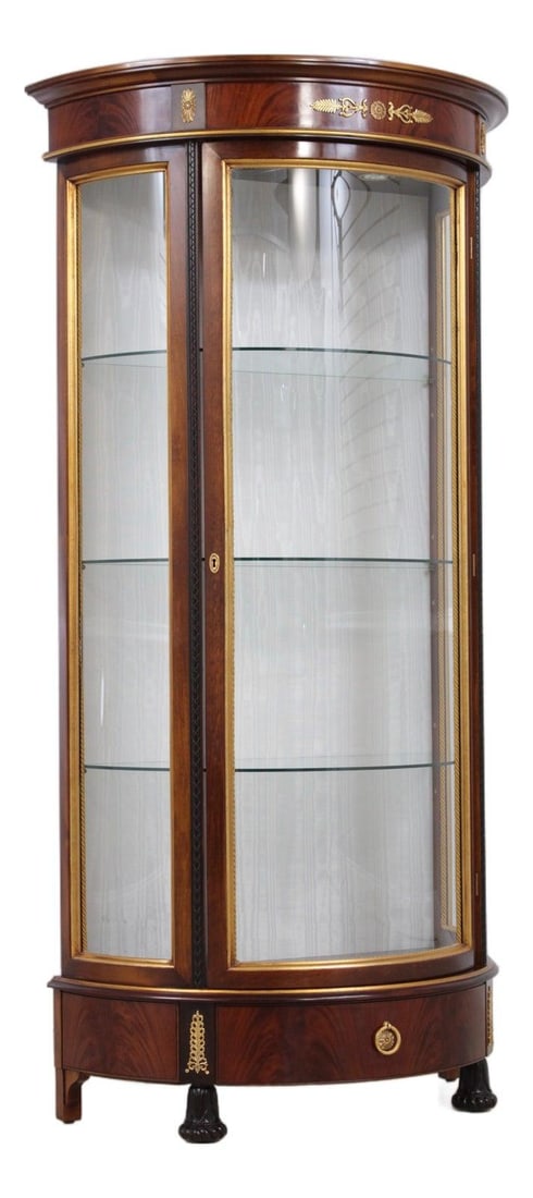 Mahogany Neoclassical Vitrine Cabinet with Bronze Mounts and Adjustable Shelves: Mahogany Neoclassical Vitrine Cabinet with Bronze Mounts and Adjustable Shelves This neoclassical vitrine display cabinet is crafted from mahogany and features fine carved details and bronze mountings
