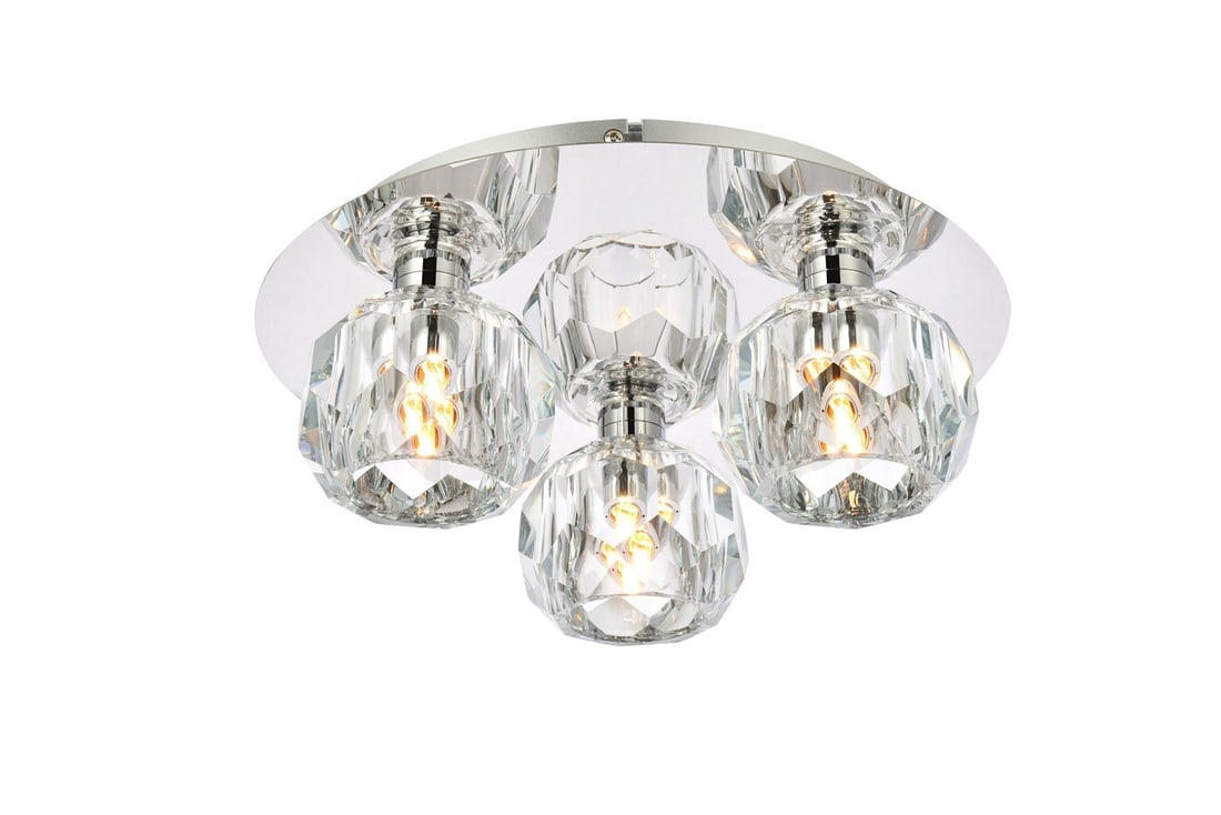 Graham 3 Light Chrome Crystal Flush Mount Chandelier: Graham 3 Light Chrome Crystal Flush Mount Chandelier This modern flush mount chandelier features a chrome-plated finish with clear crystal shades, designed to add elegance to any indoor space. Suitabl