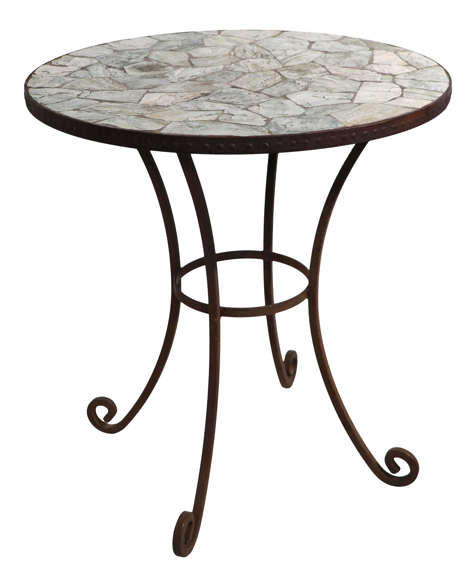 Mosaic Stone Top Patio Table with Wrought Iron Scroll Base: Mosaic Stone Top Patio Table with Wrought Iron Scroll Base Enhance your outdoor space with this charming Mosaic Top Garden Patio Table. Featuring a beautifully crafted mosaic stone top, this table is 