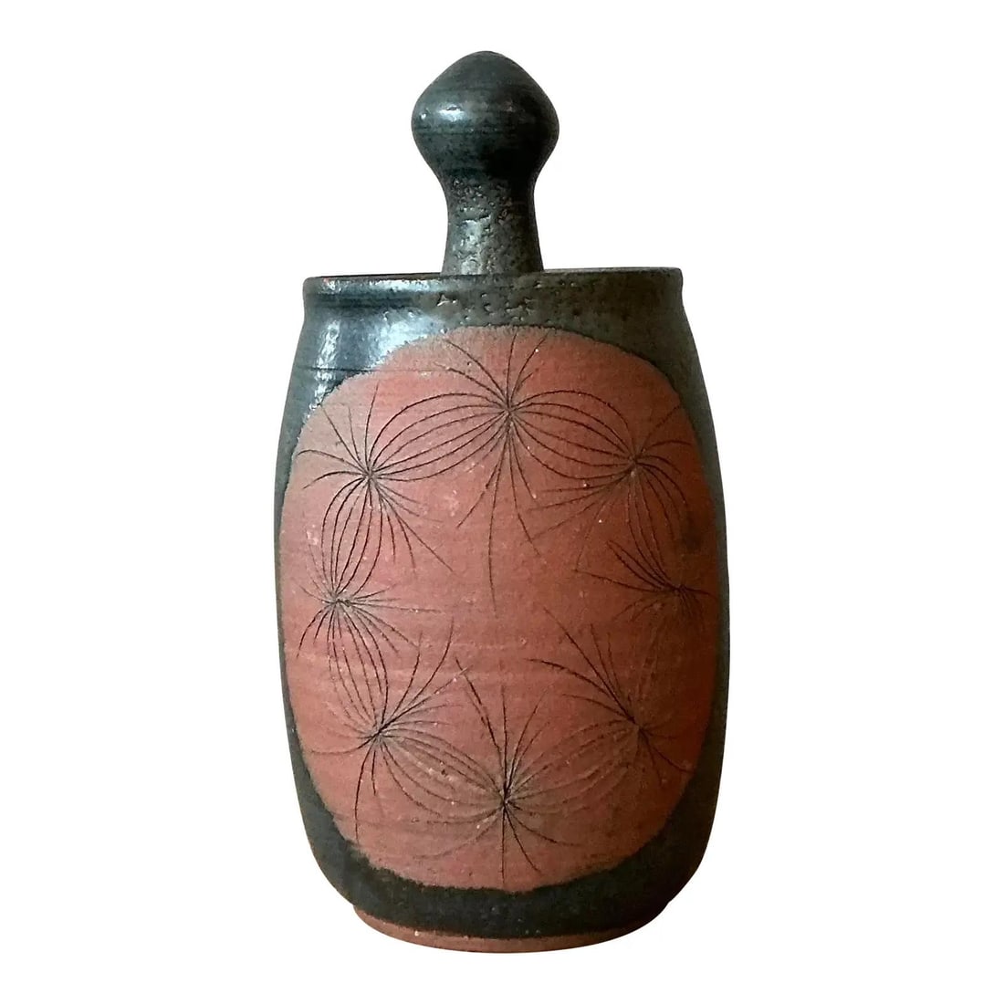 Stoneware Lidded Jar with Sgraffito Dandelion Motif and Sculptural Finial (1 of 10)