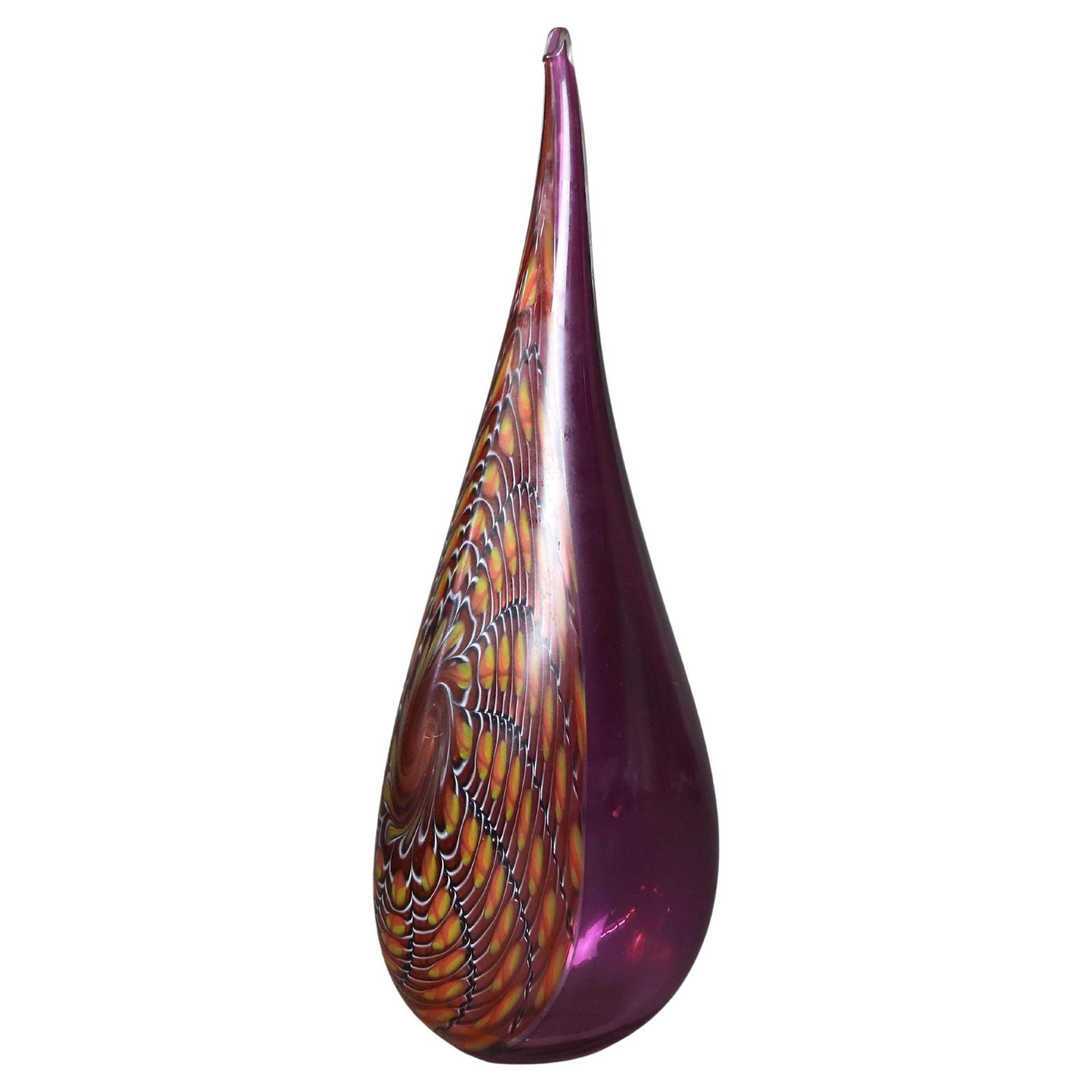 19.25 Inch Abstract Pulled Feather Art Glass Vase Mid-20th Century: 19.25 Inch Abstract Pulled Feather Art Glass Vase Mid-20th Century This mid-century modern art glass vase from circa 1960 features an abstract pulled feather pattern, characteristic of the era. Showca