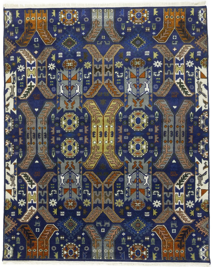8x10 Hand-Knotted Wool Area Rug Modern Tribal Geometric Pattern: 8x10 Hand-Knotted Wool Area Rug Modern Tribal Geometric Pattern This handmade wool area rug features a striking geometric tribal pattern in shades of blue, gray, cream, buff, beige, tan, dark green, a