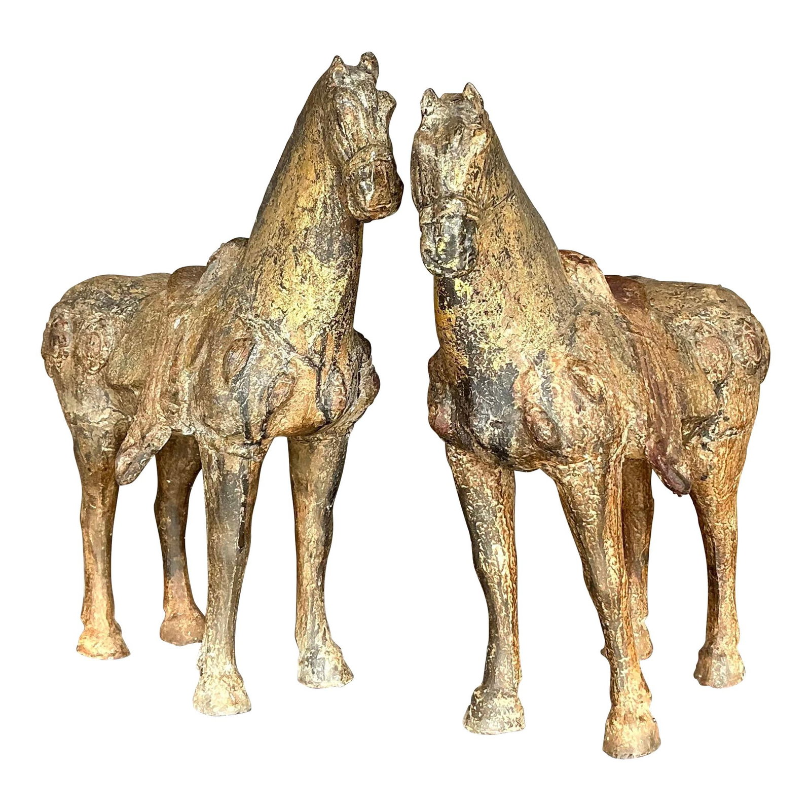 Vintage Asian Gilt Wood Temple Horses Pair with Patina: Vintage Asian Gilt Wood Temple Horses Pair with Patina Enhance your space with this exquisite pair of vintage Asian patinated gilt wood temple horses. Crafted from wood and adorned with rich golden an