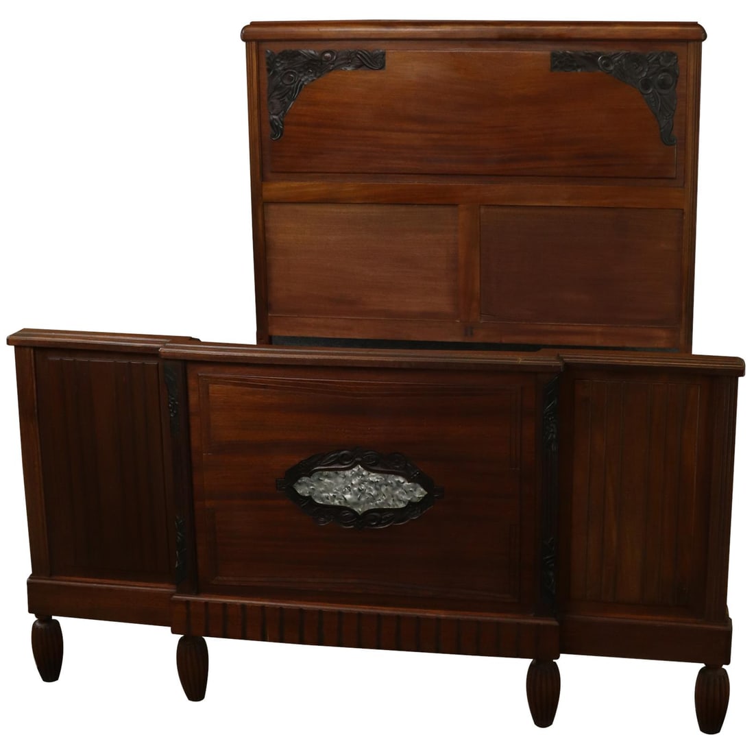 1920s Art Deco Mahogany Bed with Bakelite Accents Full Size: 1920s Art Deco Mahogany Bed with Bakelite Accents Full Size Discover this elegant vintage mahogany bed from the 1920s, showcasing exquisite Art Deco style. Crafted from quality mahogany with a rich ch