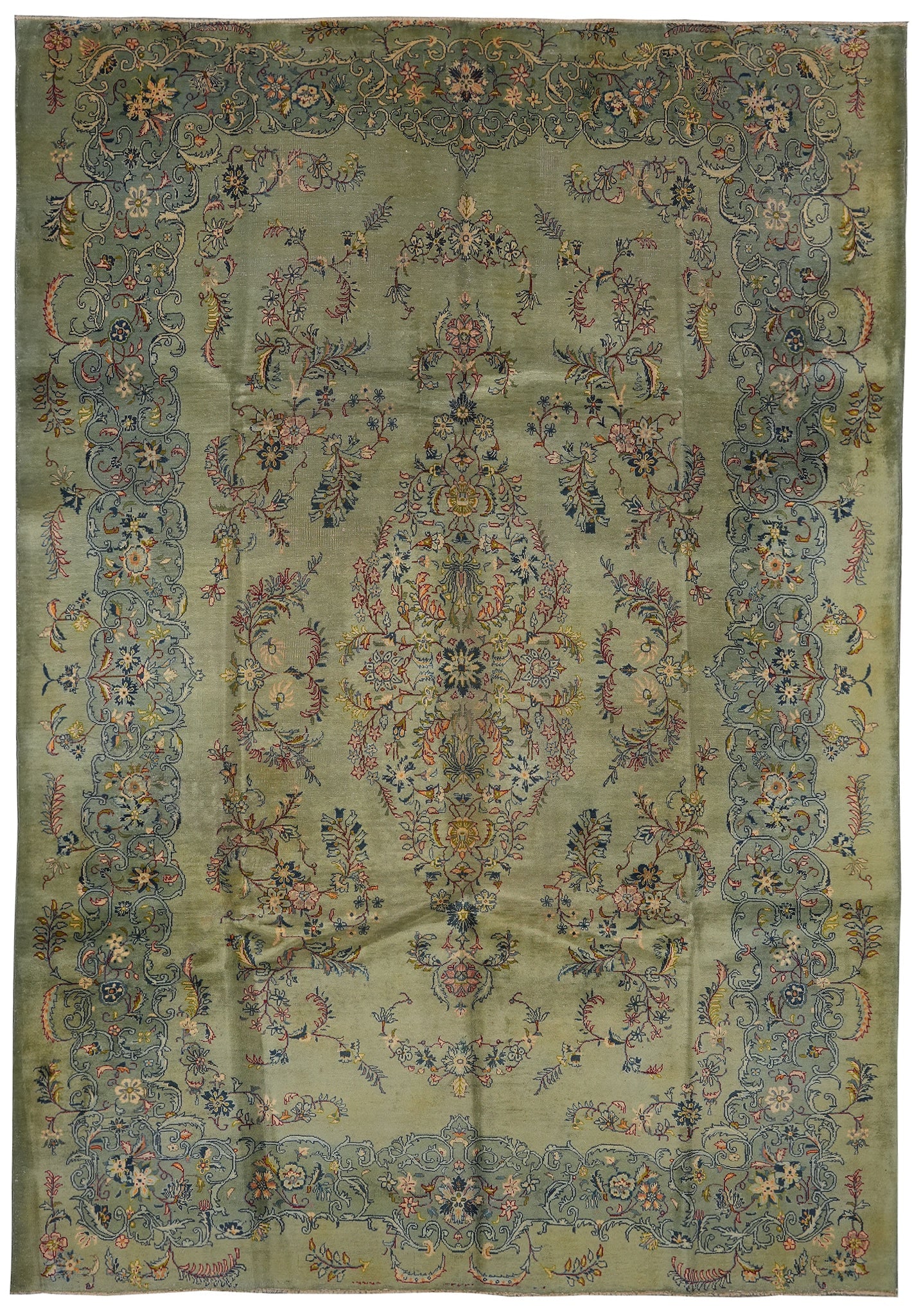 8 x 11.7 Green Hand Knotted Persian Kashan Wool Rug Rare Collector Piece: 8 x 11.7 Green Hand Knotted Persian Kashan Wool Rug Rare Collector Piece Free continental US Shipping This authentic Persian Kashan rug features a rare and unusual green ground color, expertly hand-kn