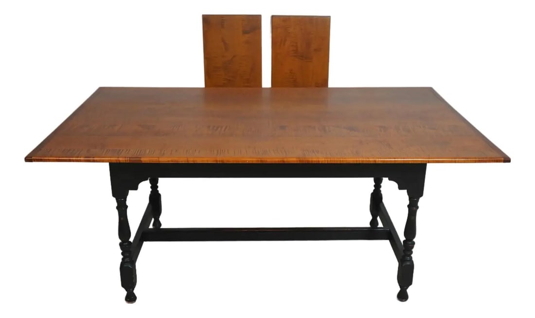 William and Mary Style Tiger Maple Dining Table With Black Stretcher Base (1 of 10)