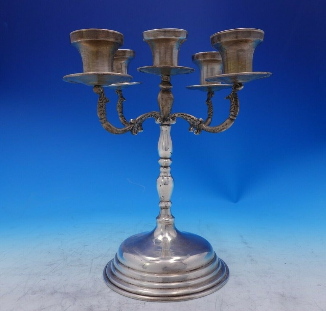 Hnos Sanchez 5-Light Mexican Sterling Silver Candelabra 10 1/4 Inch: Hnos Sanchez 5-Light Mexican Sterling Silver Candelabra 10 1/4 Inch Elevate your dining experience with this exquisite Hnos Sanchez Mexican Sterling Silver Candelabra, featuring five elegant light hol