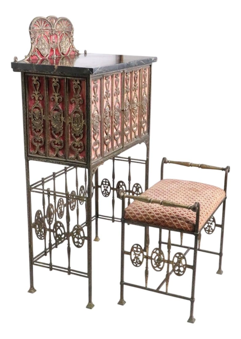 Gothic Revival Art Deco Console Phone Stand with Marble and Brass Trim: Gothic Revival Art Deco Console Phone Stand with Marble and Brass Trim This exquisite Early 20th Century Gothic Revival console phone stand showcases Art Deco style with its striking design and crafts