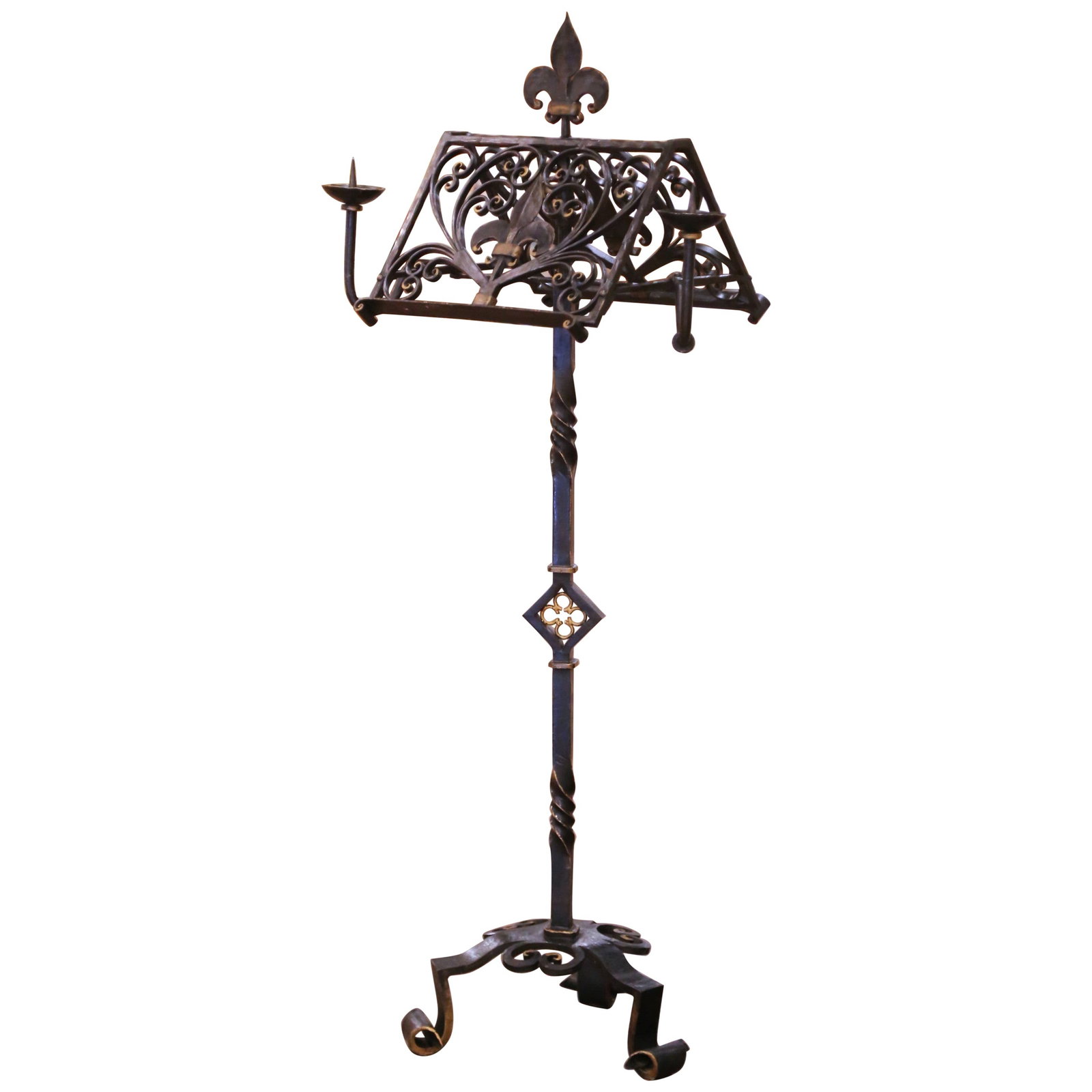 French Gothic Wrought Iron Lectern With Gilt Accents And Candle Holders Circa 1890: French Gothic Wrought Iron Lectern With Gilt Accents And Candle Holders Circa 1890 This late 19th century French Gothic lectern, also known as a lutrin, is expertly crafted from wrought iron with hand