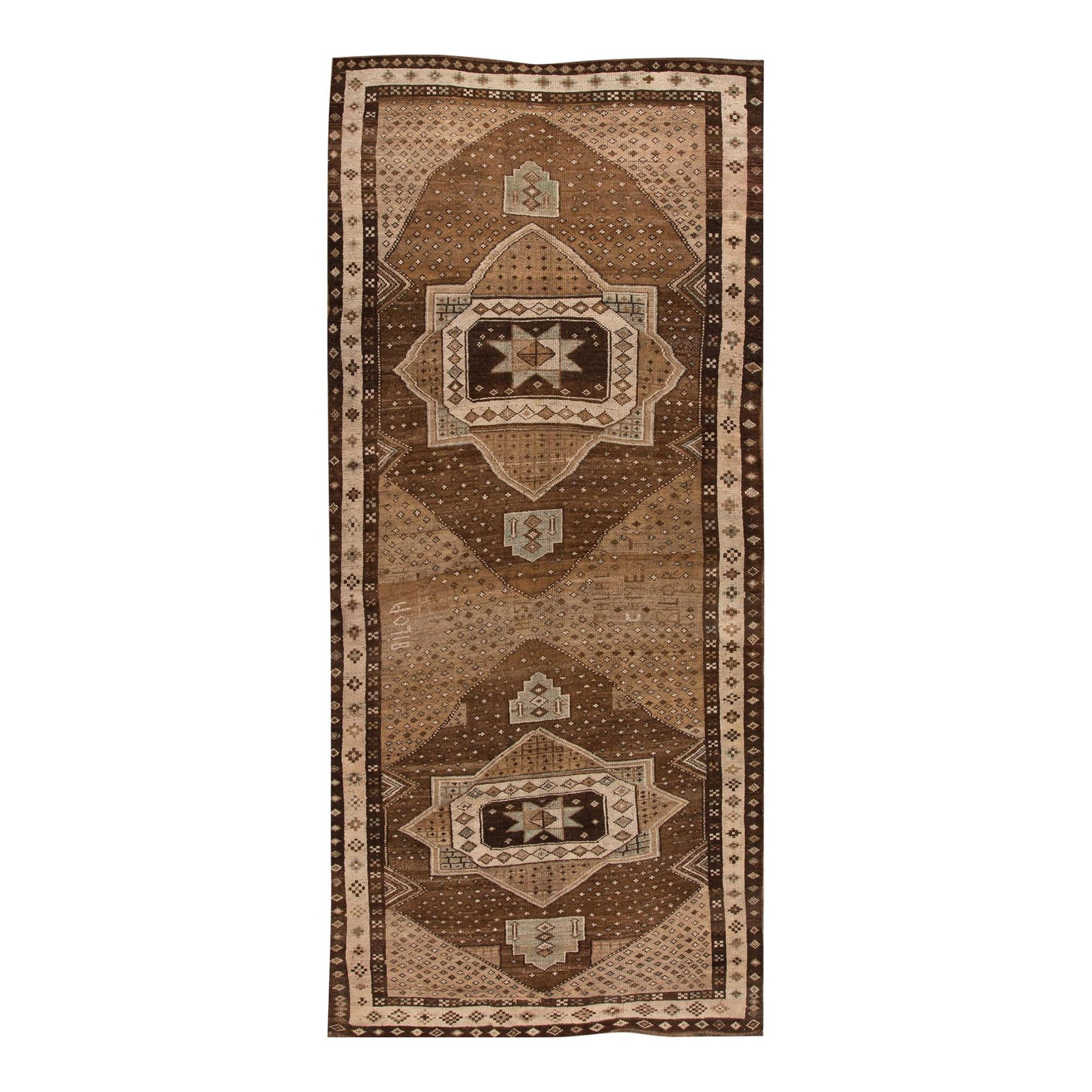 1950s Turkish Anatolian Handmade Wool Rug 5'6 x 12'4 Geometric Design: 1950s Turkish Anatolian Handmade Wool Rug 5'6 x 12'4 Geometric Design This stunning vintage Anatolian rug showcases a beautiful hand-knotted wool construction in a rich brown color. Adorned with a str