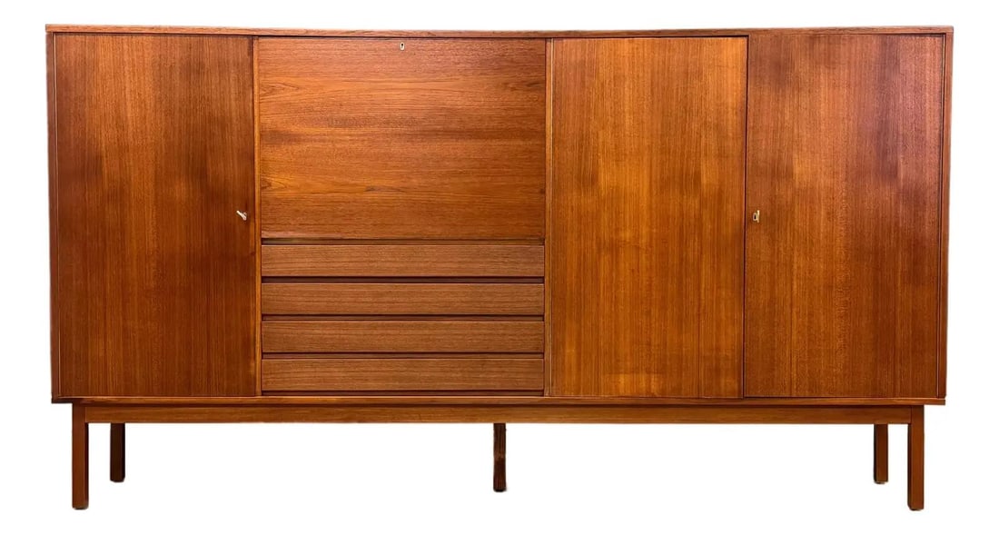 1960s Danish Modern Teak Highboard Credenza with Desk and Shelves: 1960s Danish Modern Teak Highboard Credenza with Desk and Shelves Experience timeless elegance with this stunning mid-century modern teak highboard sideboard credenza, crafted in Denmark during the 19