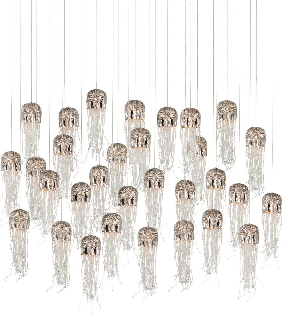 Currey & Co Medusa Multi-Drop Pendant Light in Nickel Finish: Currey & Co Medusa Multi-Drop Pendant Light in Nickel Finish Introducing the Currey & Co Medusa Pendant, an exquisite lighting fixture that embodies elegance and sophistication. This stunning pendant 