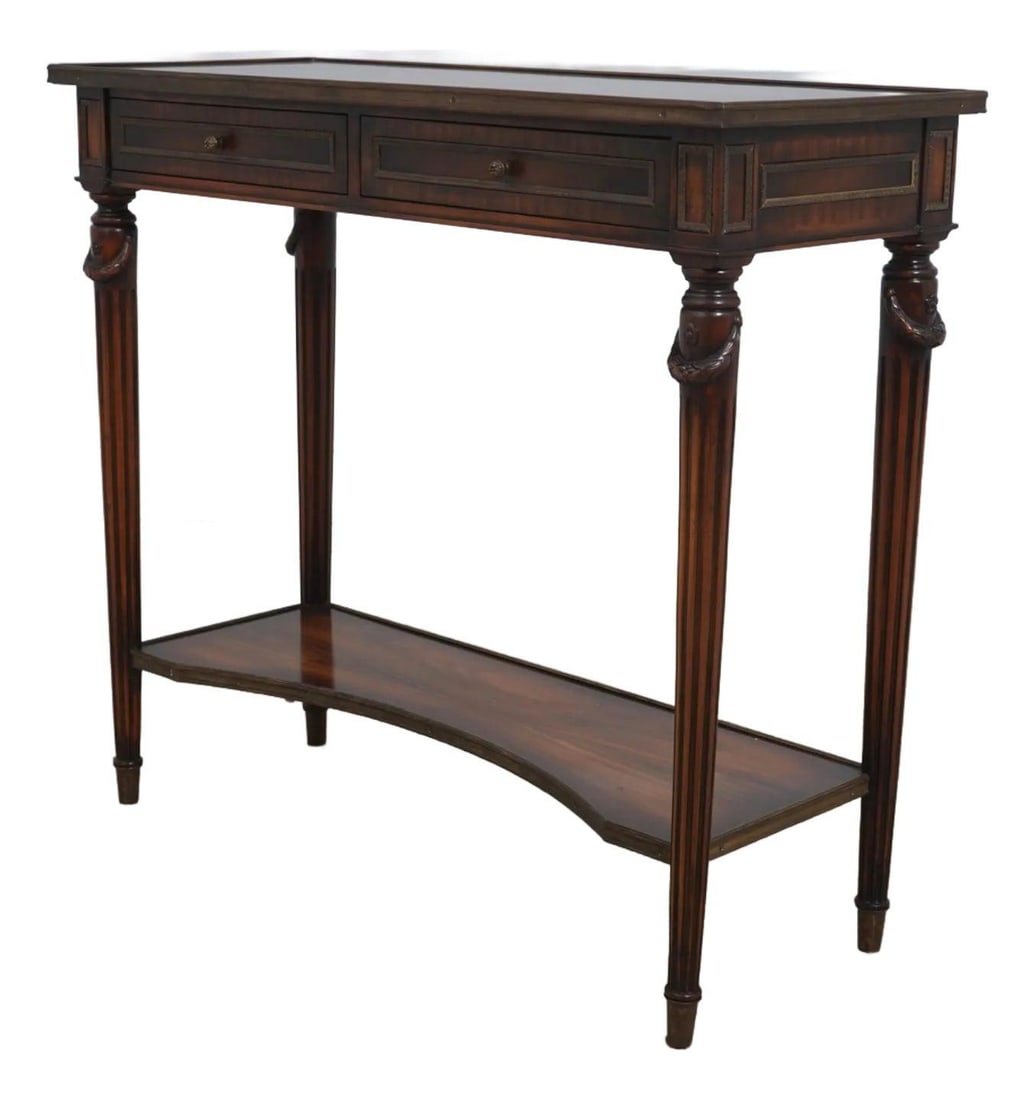 Theodore Alexander French Louis XVI Console Table with Bronze Trim: Theodore Alexander French Louis XVI Console Table with Bronze Trim This exquisite console table showcases the elegance of French Louis XVI style, featuring light factory distressed dovetailed drawer c