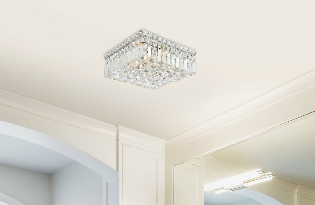 Maxime Royal Cut Crystal 4-Light Chrome Flush Mount Chandelier: Maxime Royal Cut Crystal 4-Light Chrome Flush Mount Chandelier This modern flush mount chandelier features a polished chrome finish with elegant Royal Cut crystal accents. Designed for indoor use, it 
