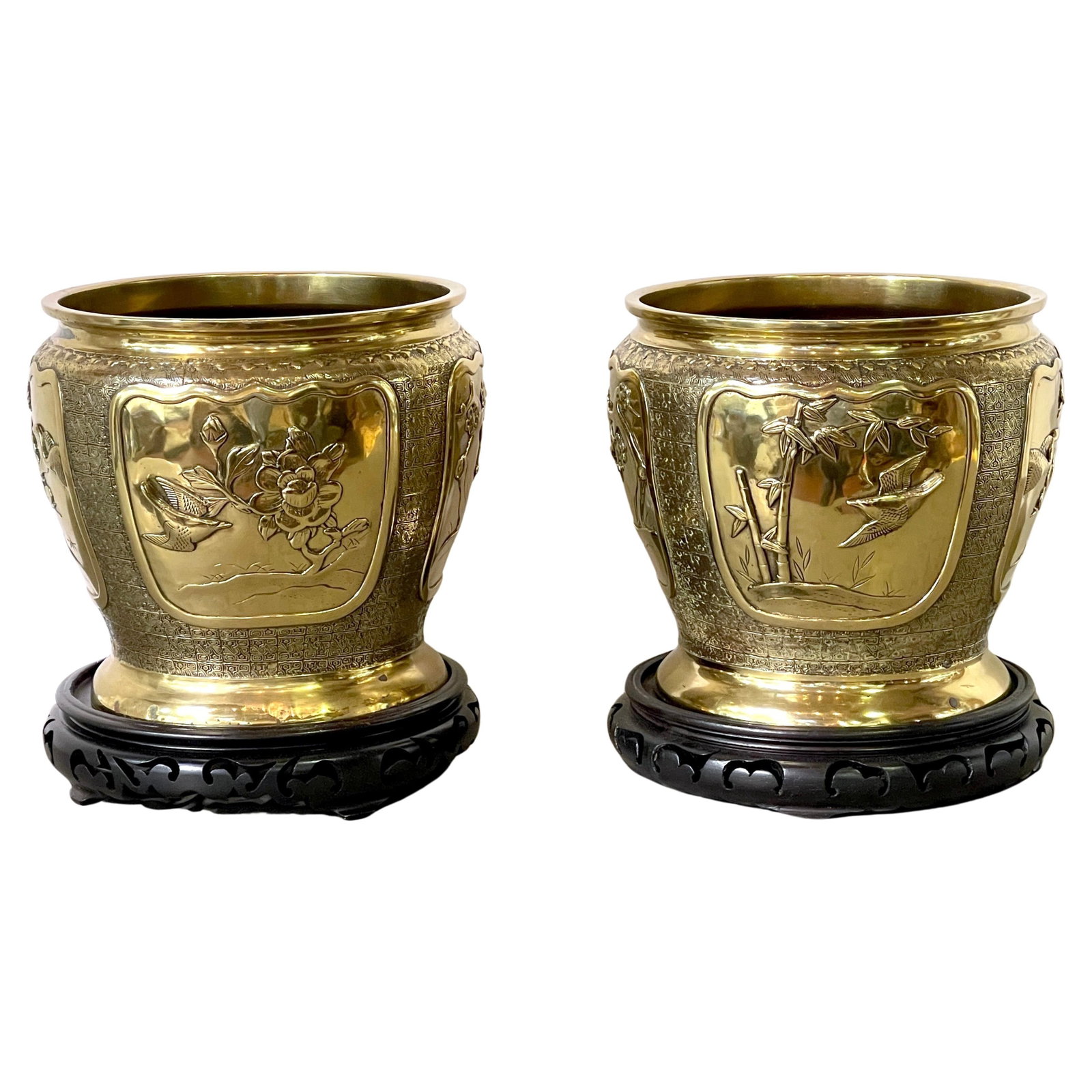 Antique Chinese Brass Planters with Carved Wood Stands Set of 2 (1 of 16)
