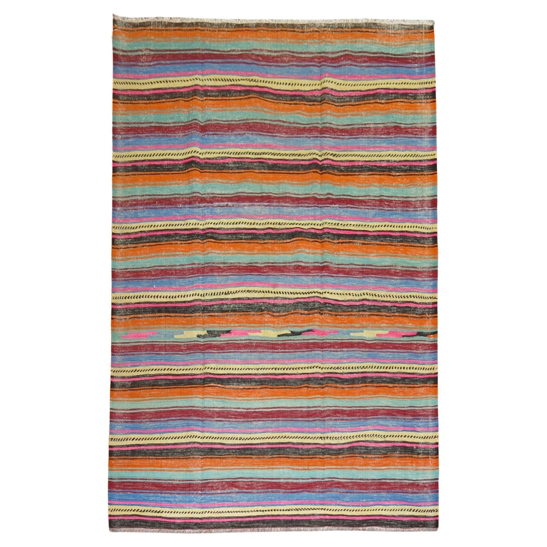Mid-20th Century Archaistic Striped Turkish Kilim 66 x 98 in: Mid-20th Century Archaistic Striped Turkish Kilim 66 x 98 in Explore the beauty of this mid-20th century striped Turkish kilim, expertly hand-woven from high-quality wool. This archaistic piece showca
