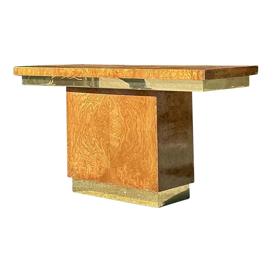 Vintage Boho Console Table Burl Wood Brass Accents (1 of 8)
