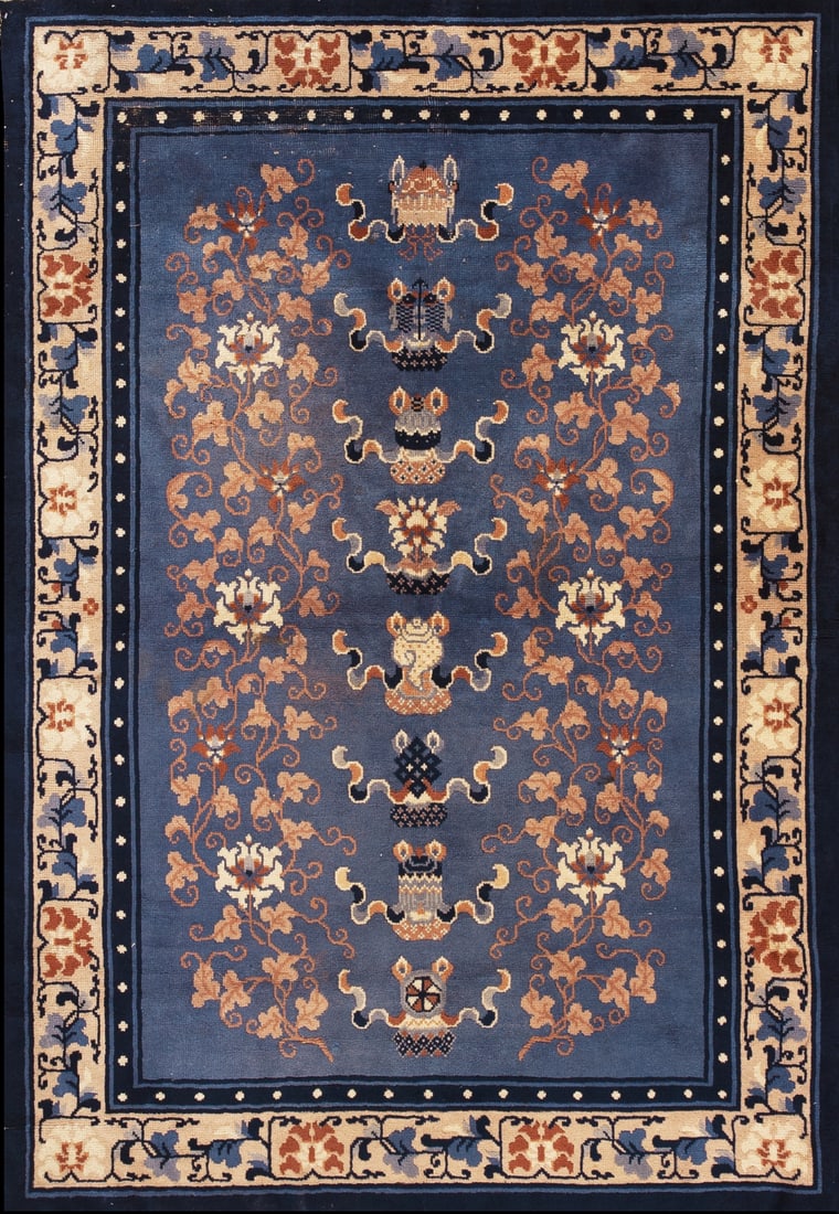 Hand Knotted Blue Chinese Art Deco Rug 4x6 Antique: Hand Knotted Blue Chinese Art Deco Rug 4x6 Antique This rare antique Chinese Art Deco rug, crafted in the Ninghshia region around 1900, features a fine hand-knotted wool construction on a cotton found