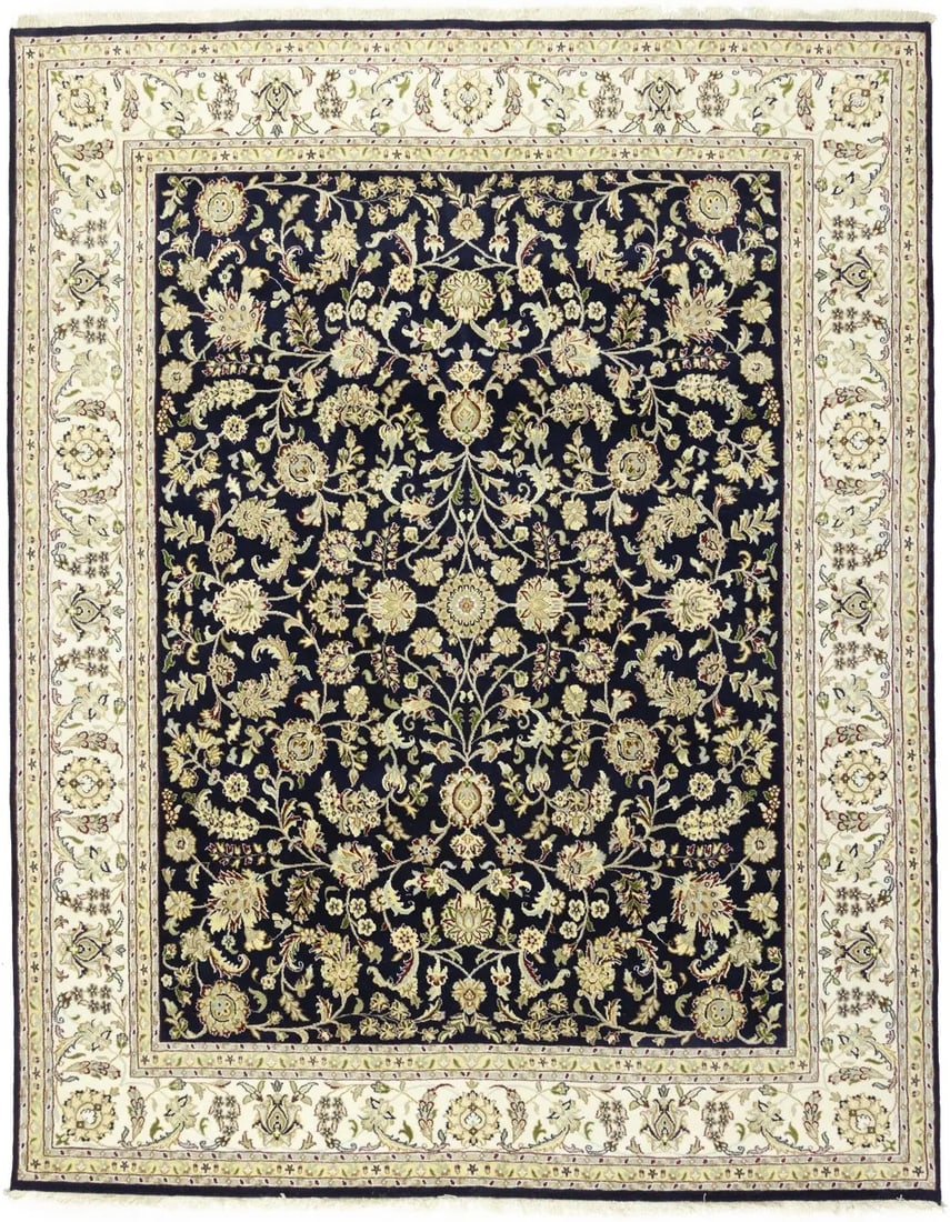 Hand-Knotted Wool Indo-Nain Area Rug 8x10 Floral Pattern Modern Traditional: Hand-Knotted Wool Indo-Nain Area Rug 8x10 Floral Pattern Modern Traditional This handmade Indo-Nain area rug features a striking floral design in a palette of dark navy, cream, buff, red, light grey, 