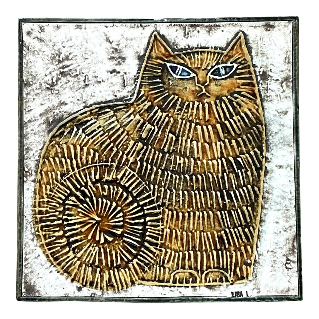 Mid Century Studio Pottery Tile With Shaggy Cat Relief Design (1 of 5)