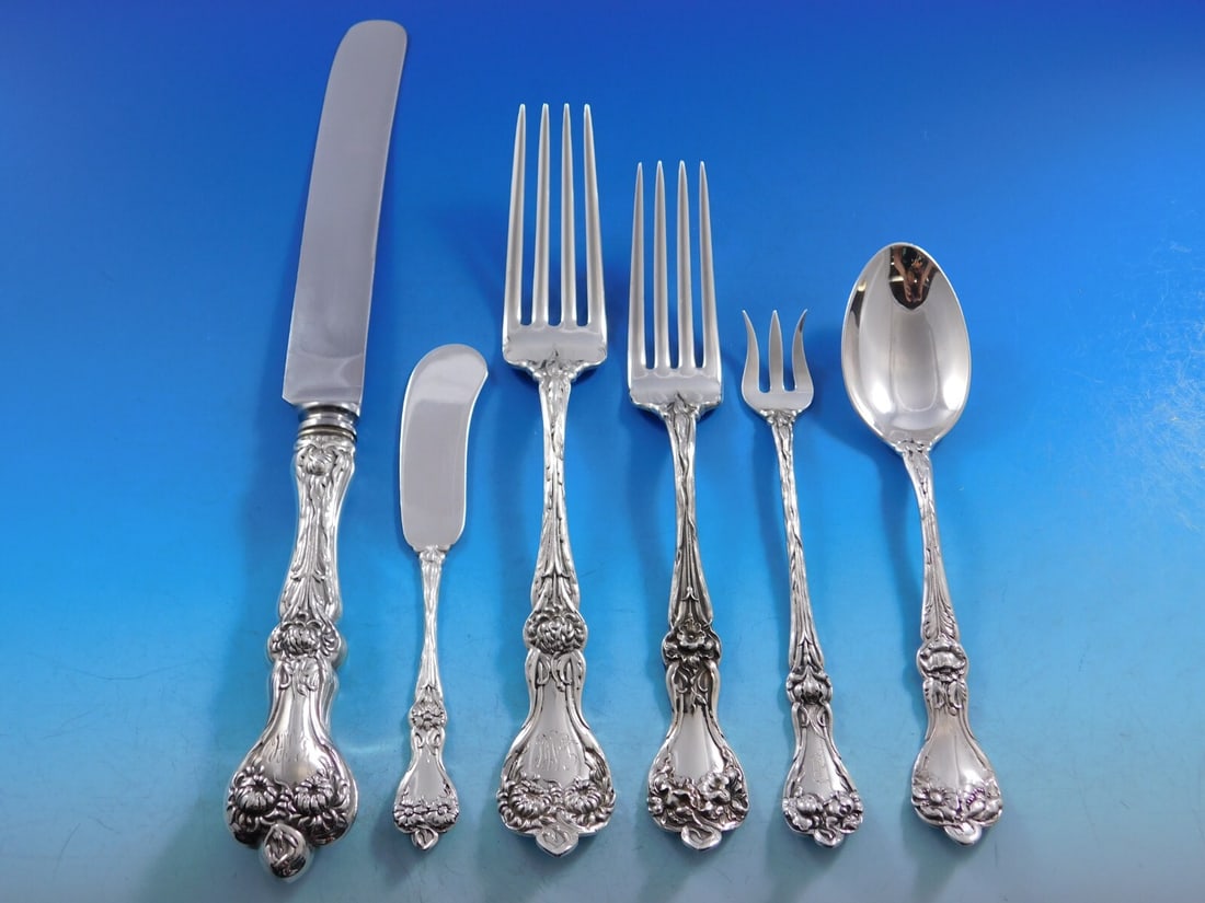 Alvin Majestic Sterling Silver Flatware Set for 12 74 Pieces Floral Design (1 of 8)