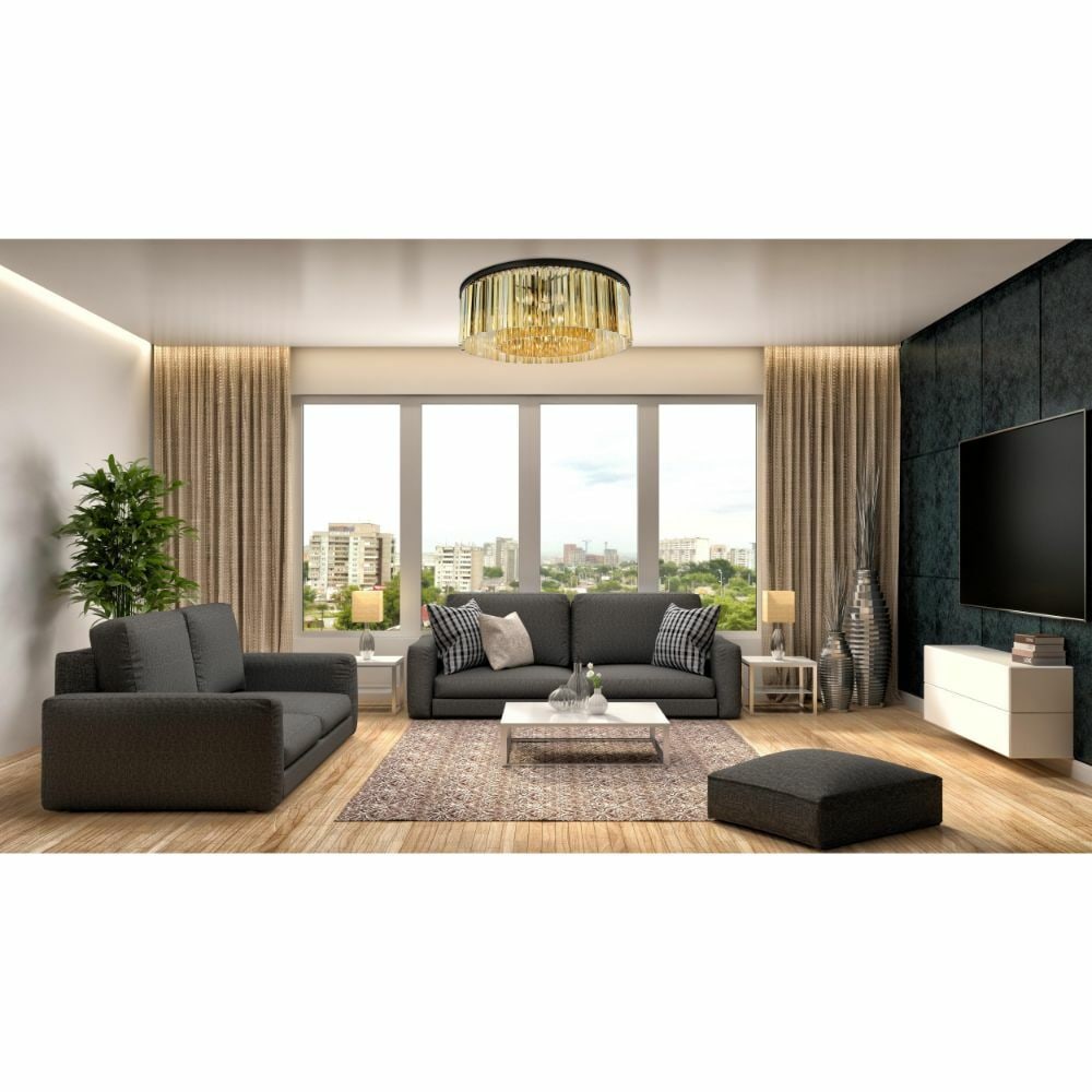 Sydney 10-Light Crystal Flush Mount Chandelier Matte Black: Sydney 10-Light Crystal Flush Mount Chandelier Matte Black This modern flush mount chandelier features a matte black frame accented with high-quality golden teak royal cut crystals. Designed with ten 