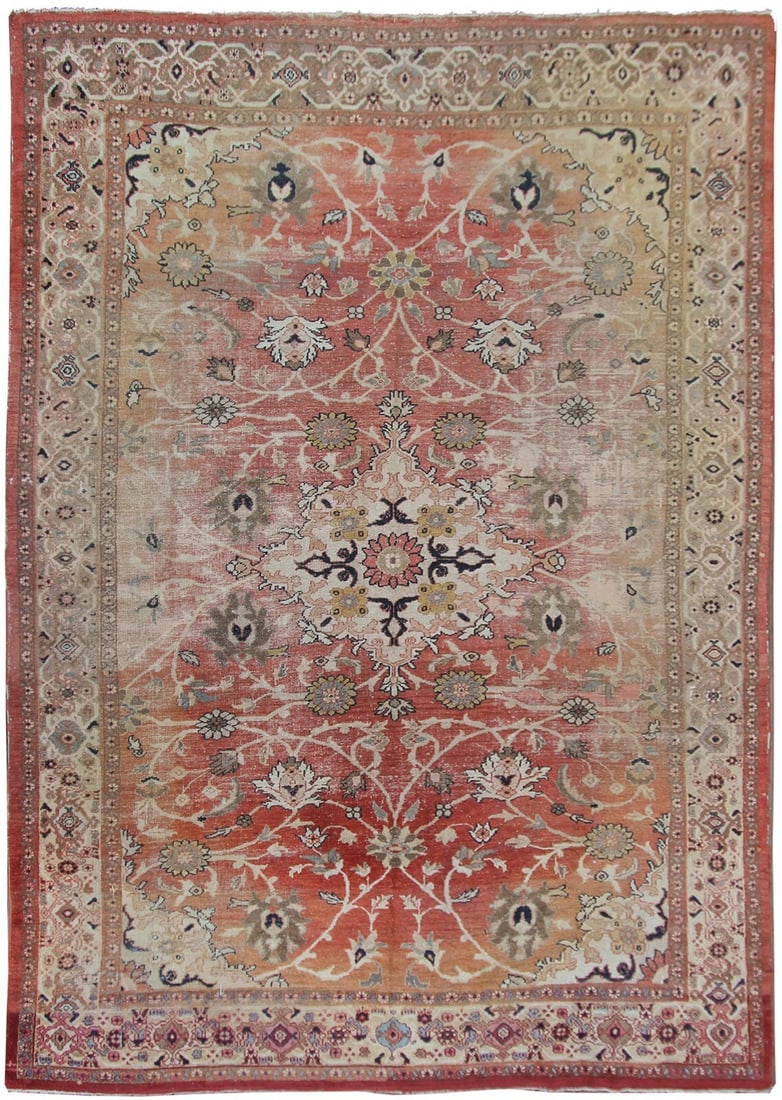 Hand Knotted Wool Sultanabad Mahal 9x12 Oriental Rug: Hand Knotted Wool Sultanabad Mahal 9x12 Oriental Rug This antique Sultanabad Mahal area rug features a traditional Oriental geometric design in a blend of rust, orange, blue, ivory, and brown colors. 