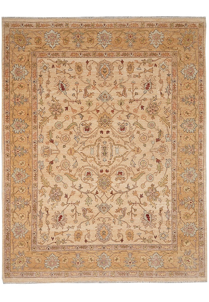 Chobi Zigler Hand-Knotted Wool Rug 95 x 120 Inch Beige Gold Pakistan (1 of 12)