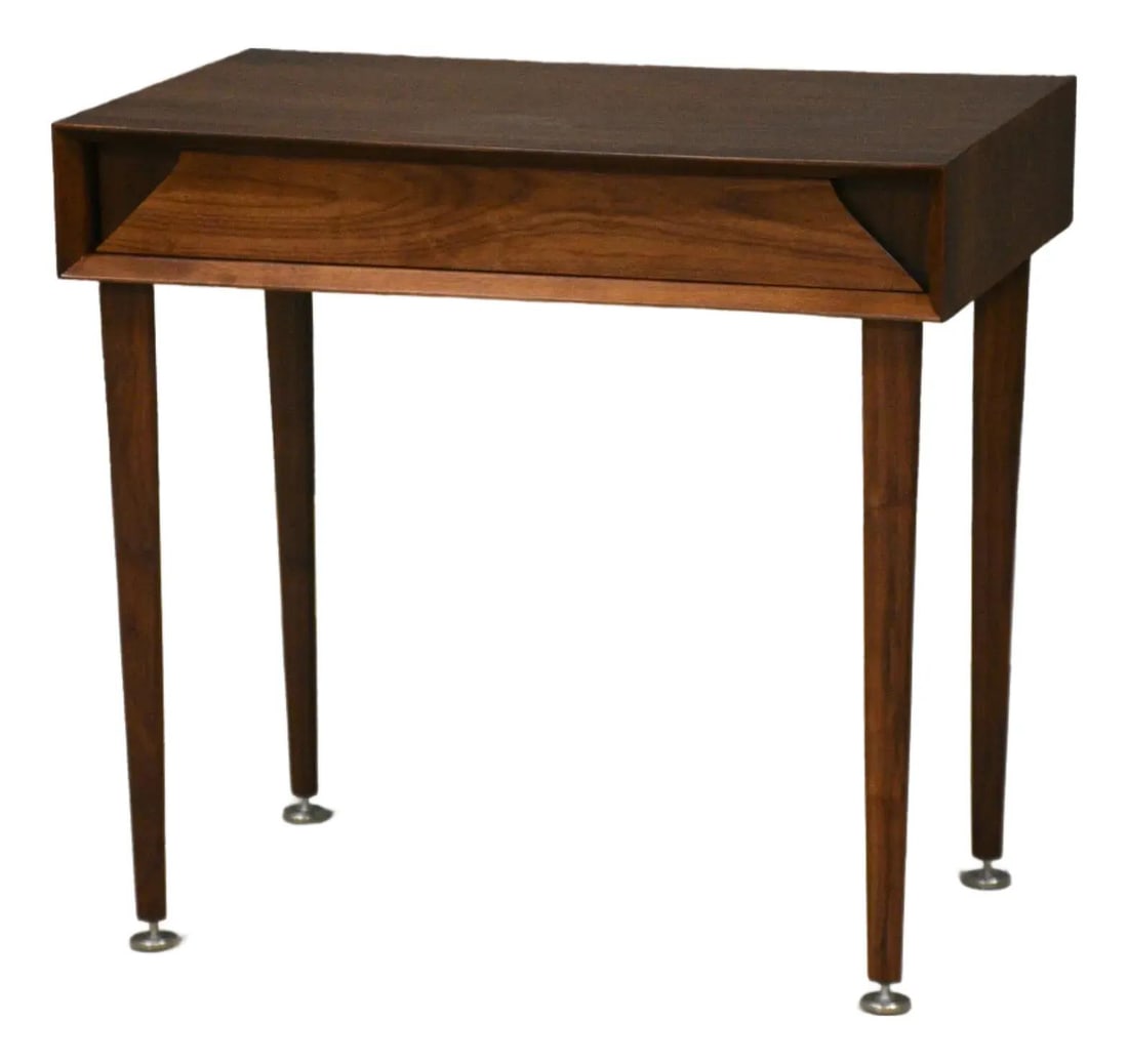 Mid Century Walnut Desk or Vanity with Drawer by Grosfeld House: Mid Century Walnut Desk or Vanity with Drawer by Grosfeld House This mid-century modern desk or vanity by Grosfeld House features a single drawer and is crafted from walnut. Made in the USA circa 1960