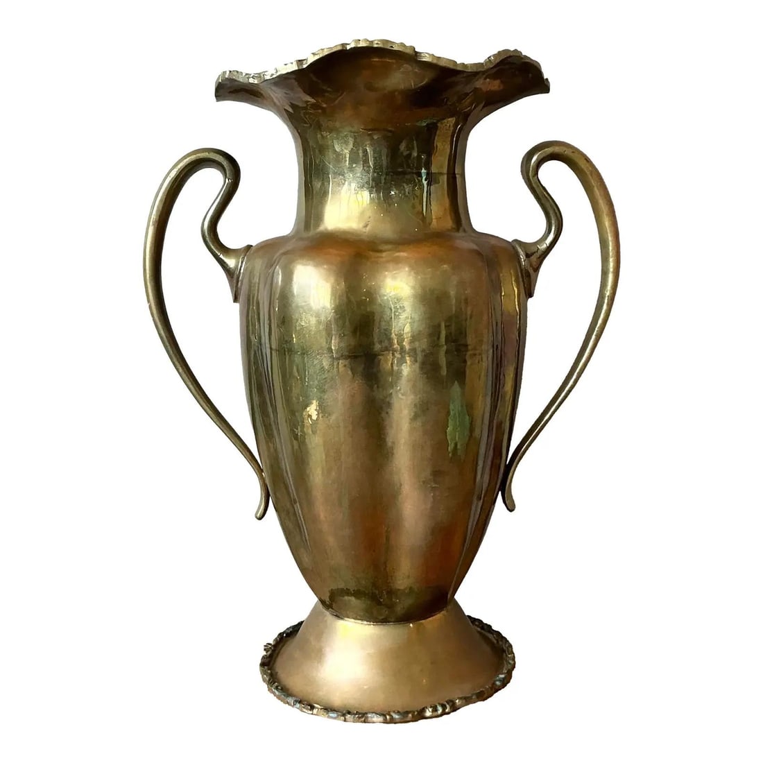 Large Solid Brass Urn Vase With Ruffled Scalloped Rim Neoclassical Style 17.25 Inch: Large Solid Brass Urn Vase With Ruffled Scalloped Rim Neoclassical Style 17.25 Inch This vintage urn vase is crafted from solid brass and features a robust, handled silhouette with a dramatically ruff