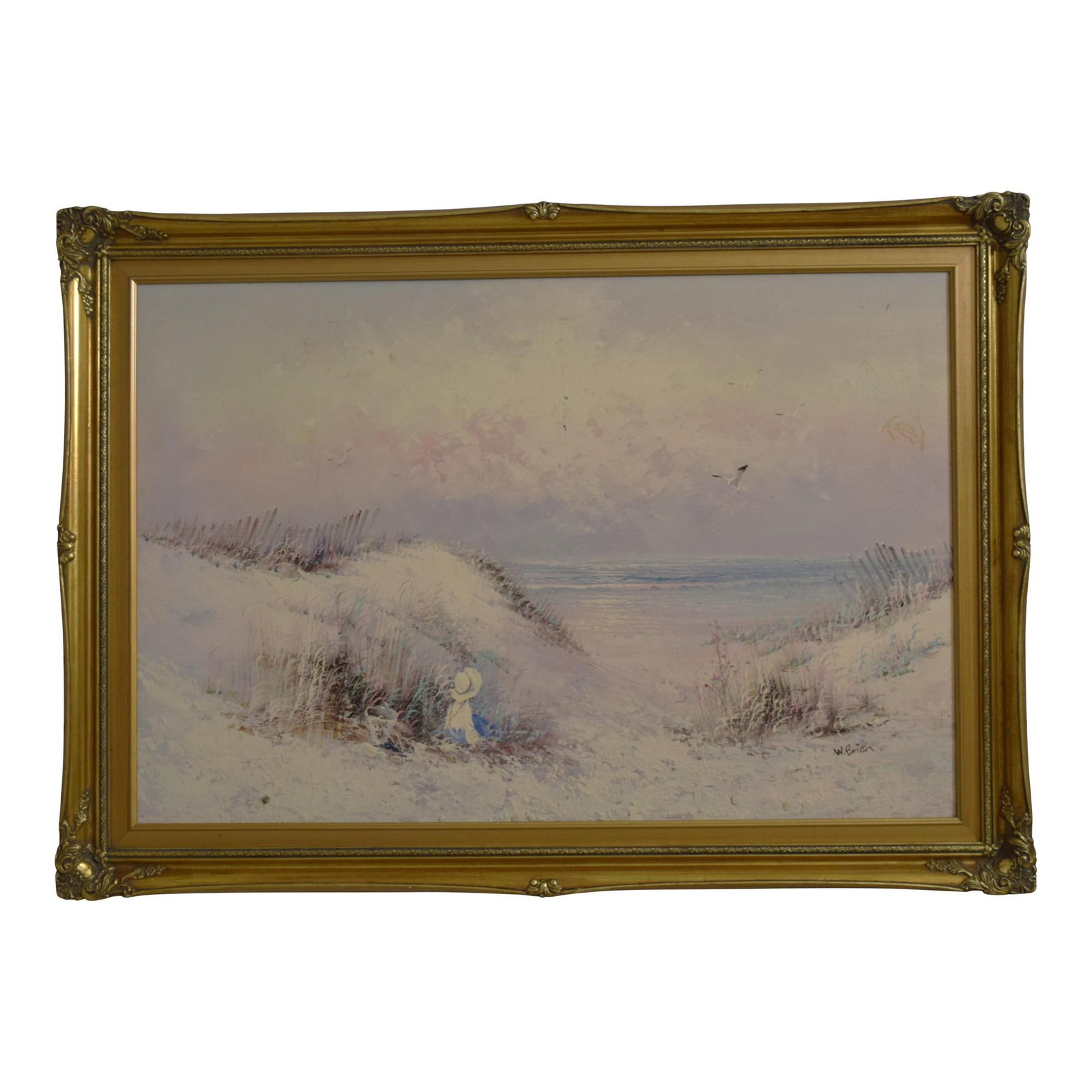 W. Brick Signed Beach Oil Painting in Gold Frame 42 x 30 (1 of 6)