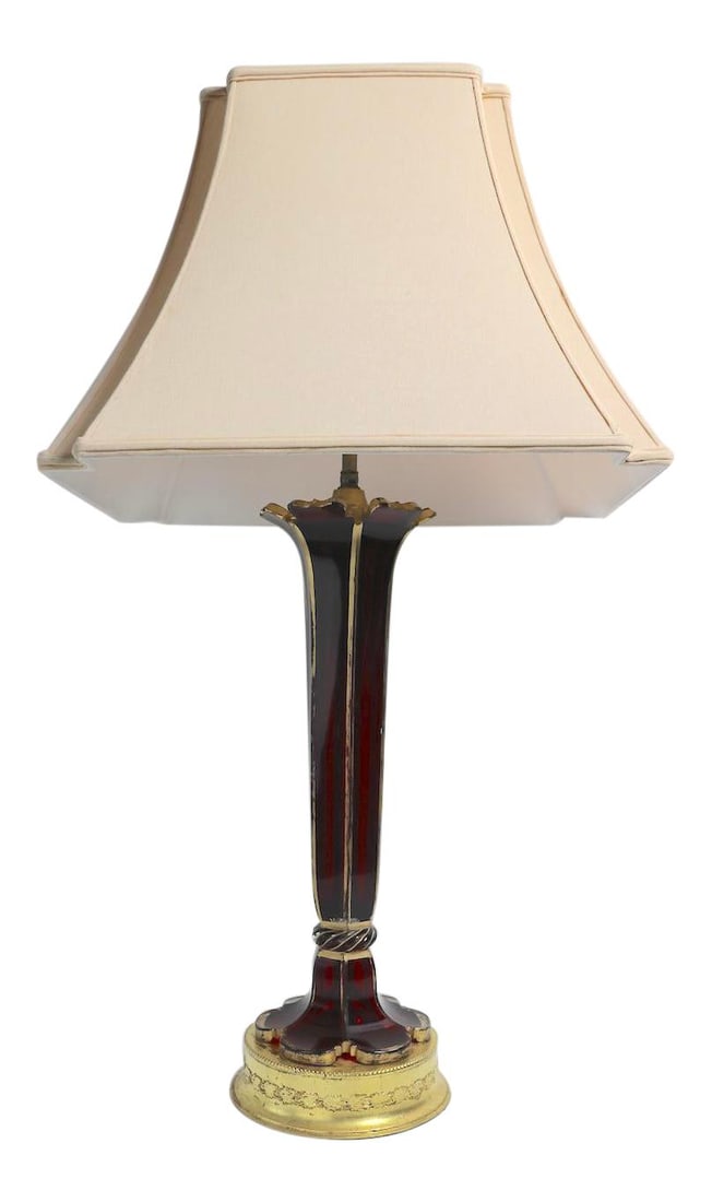 Ruby Glass Trumpet Lamp with Brass Base and Custom Shade: Ruby Glass Trumpet Lamp with Brass Base and Custom Shade This elegant ruby glass trumpet-form lamp features a classic flared vase design, beautifully complemented by gold highlight trim. It is mounted