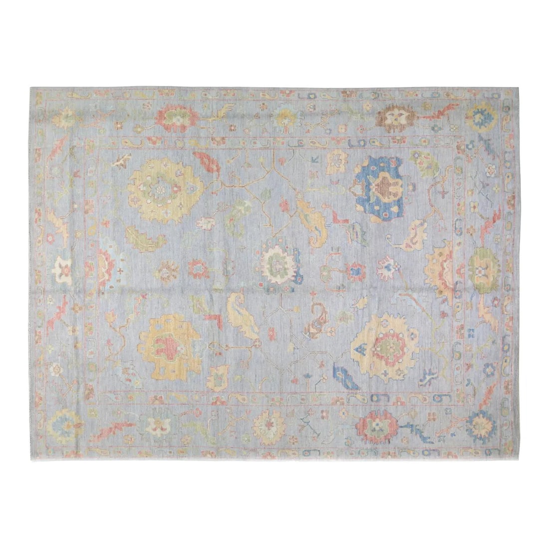 9' x 11'9" Sky Blue Wool Oushak Floral Hand Knotted Area Rug: 9' x 11'9" Sky Blue Wool Oushak Floral Hand Knotted Area Rug This contemporary Oushak rug features a fine weave and elegant floral design, hand knotted from wool. The rug displays a sky blue color and