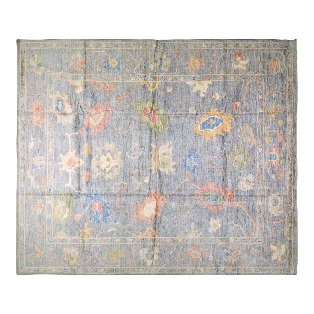 12' x 14'5" Wool Floral Oushak Rug in Blue Hand Knotted Contemporary Design: 12' x 14'5" Wool Floral Oushak Rug in Blue Hand Knotted Contemporary Design This contemporary Oushak rug is hand knotted from wool and features a fine weave with a floral design and natural blue tones