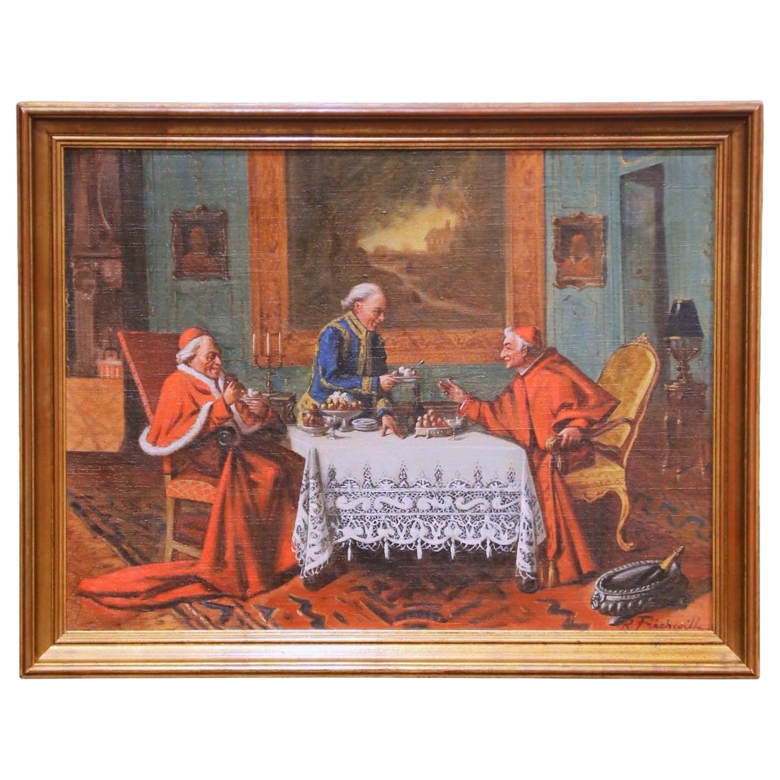 Signed French Interior Genre Painting by R. Fricheville: Signed French Interior Genre Painting by R. Fricheville This early 20th-century French genre painting, signed by R. Fricheville, captures an elegant interior scene from circa 1920. The oil on canvas d
